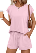 AUTOMET Womens Crew Neck Two Piece Short Sets - Comfortable Summer You