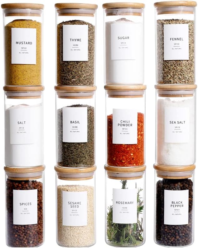 12 Pcs Glass Spice Jars with Bamboo Airtight Lids for Kitchen