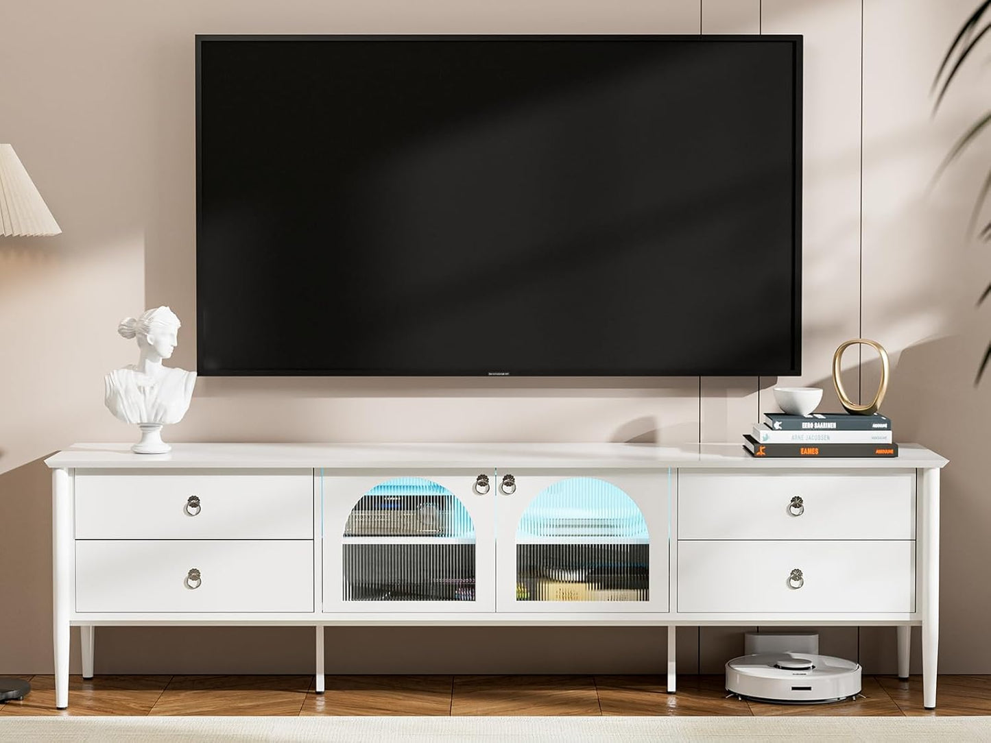 Modern White LED TV Stand - Spacious Storage & LED Lights