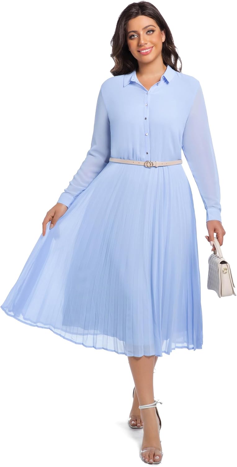 Business Casual Shirt Dress for Women with Pleated Midi Design