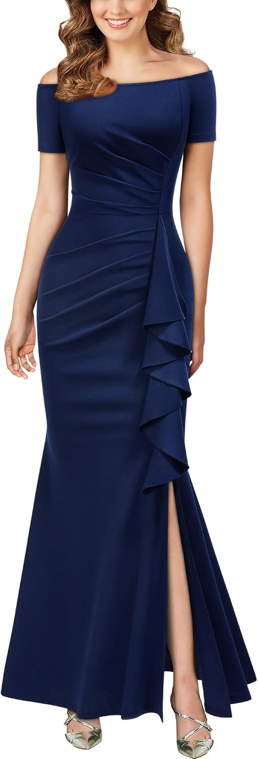 Elegant Off Shoulder Ruffle Formal Evening Long Dress for Women