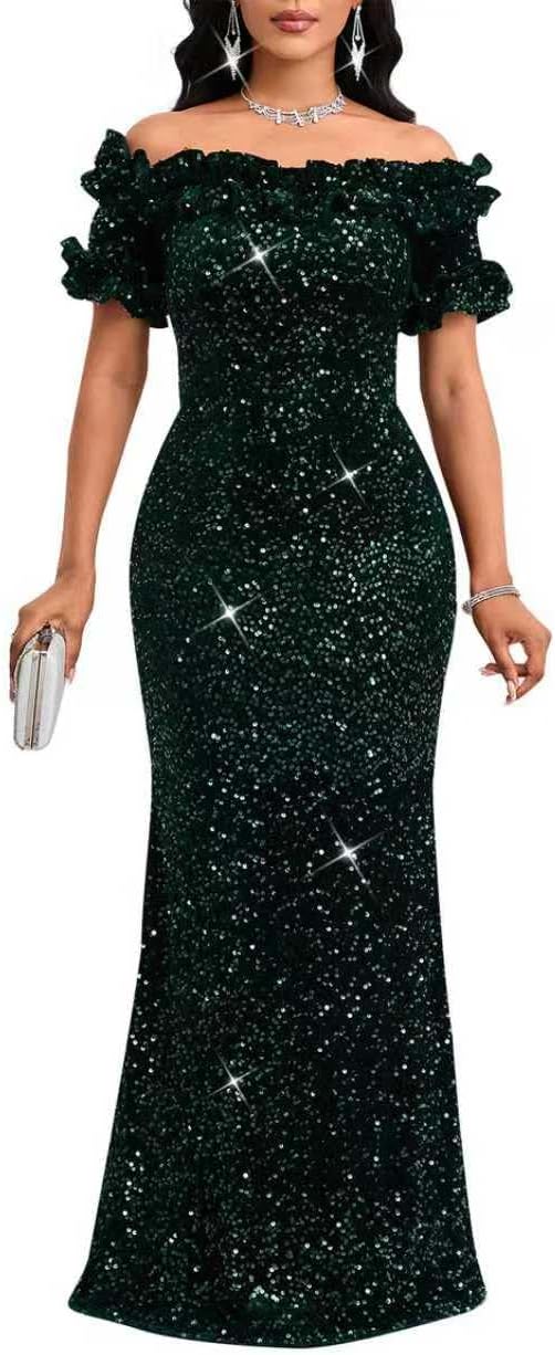 Women Sexy Sequin Off Shoulder Ruffle Bodycon Mermaid Dress