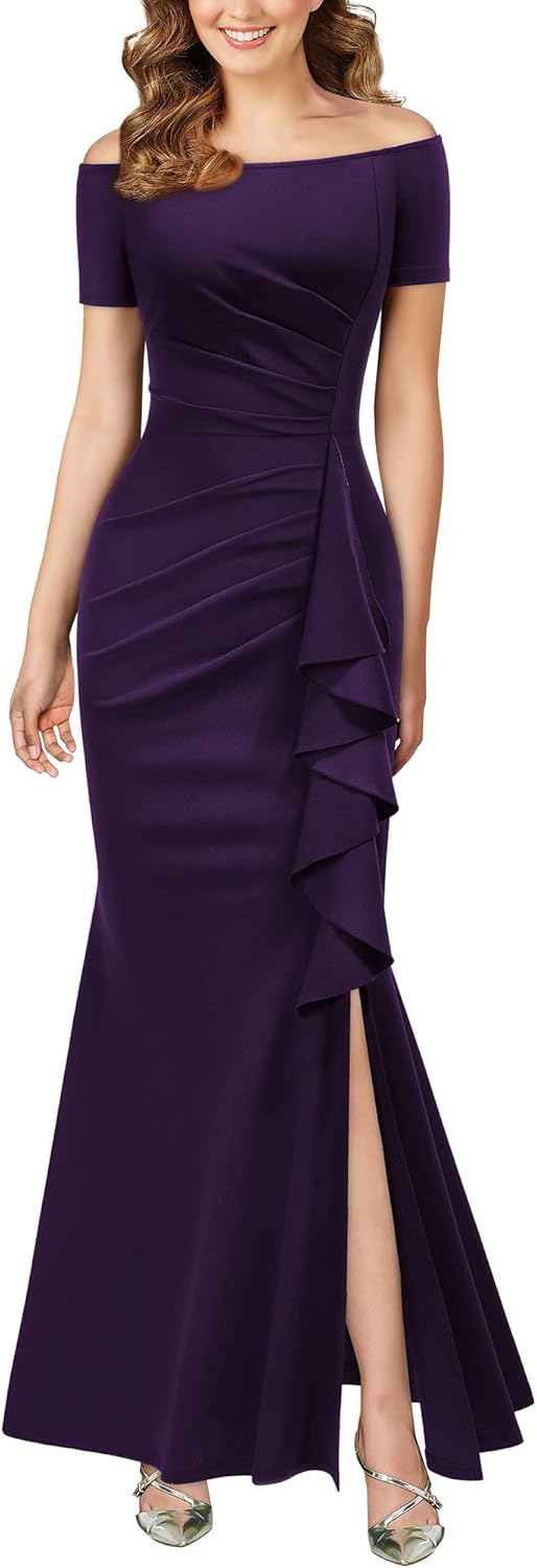 AISIZE Women's Elegant Off Shoulder Ruffle Formal Evening Dress