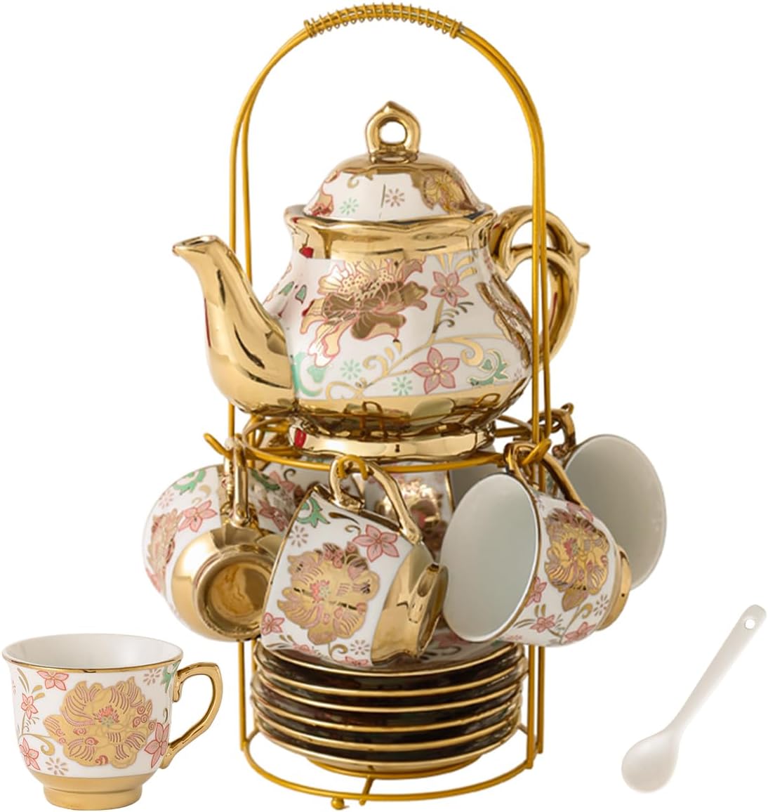 CHANJOON Gold Plated Red Rose Ceramic Tea Set for 6 People