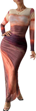 Women Long Sleeve Tie Dye Maxi Dress - Ruched Bodycon Formal Fit