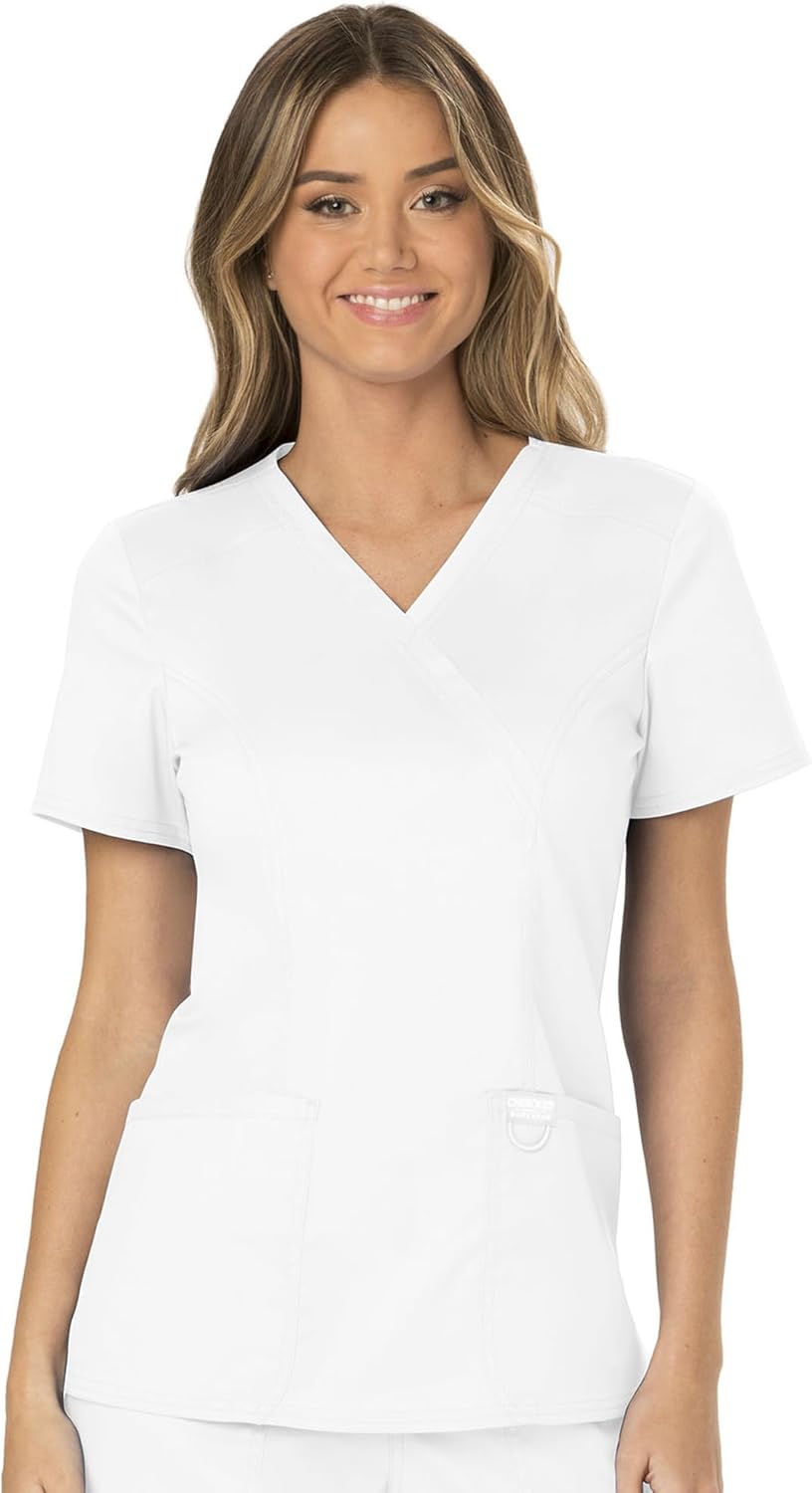 Cherokee Scrubs Top for Women Mock Wrap with 3 Pockets
