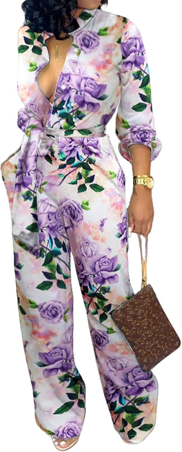 Elegant Floral Jumpsuits for Women with Pockets and Belt