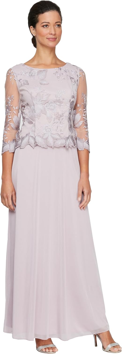 Elegant 3/4 Sleeve Stretch Lace Bodice Mock One Piece Gown