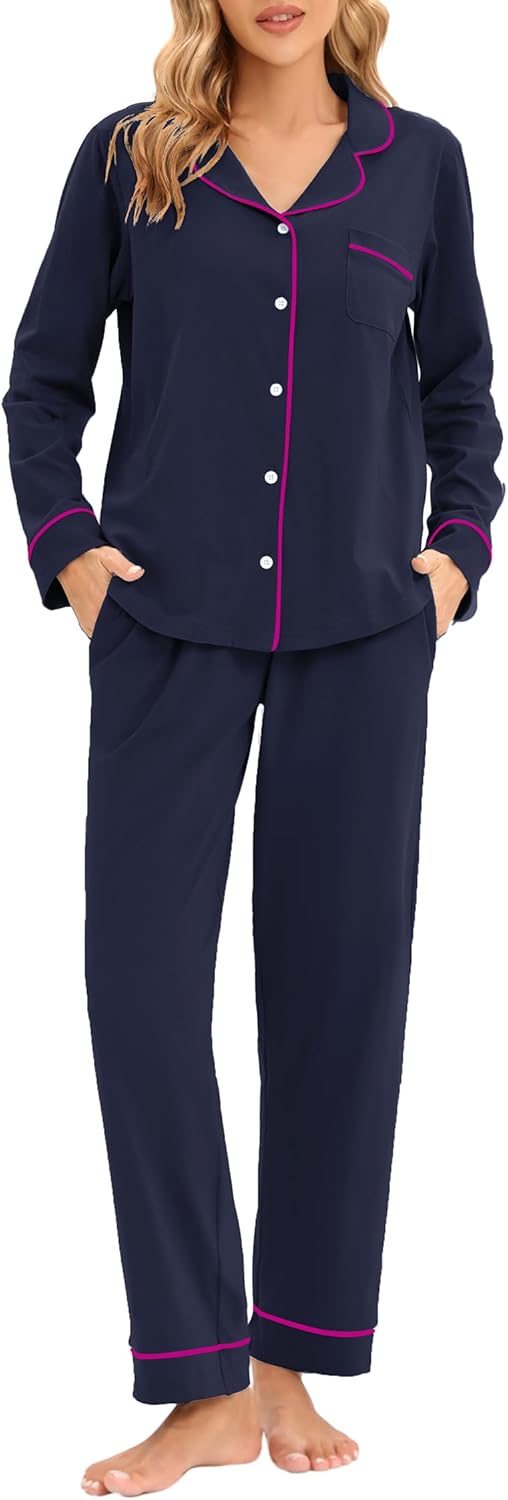 LUBOT 100% Cotton Pajamas for Women Soft Button-Down Set