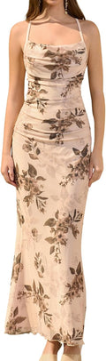 Women's Summer Floral Mesh Spaghetti Strap Maxi Dress - Ruched Bodycon