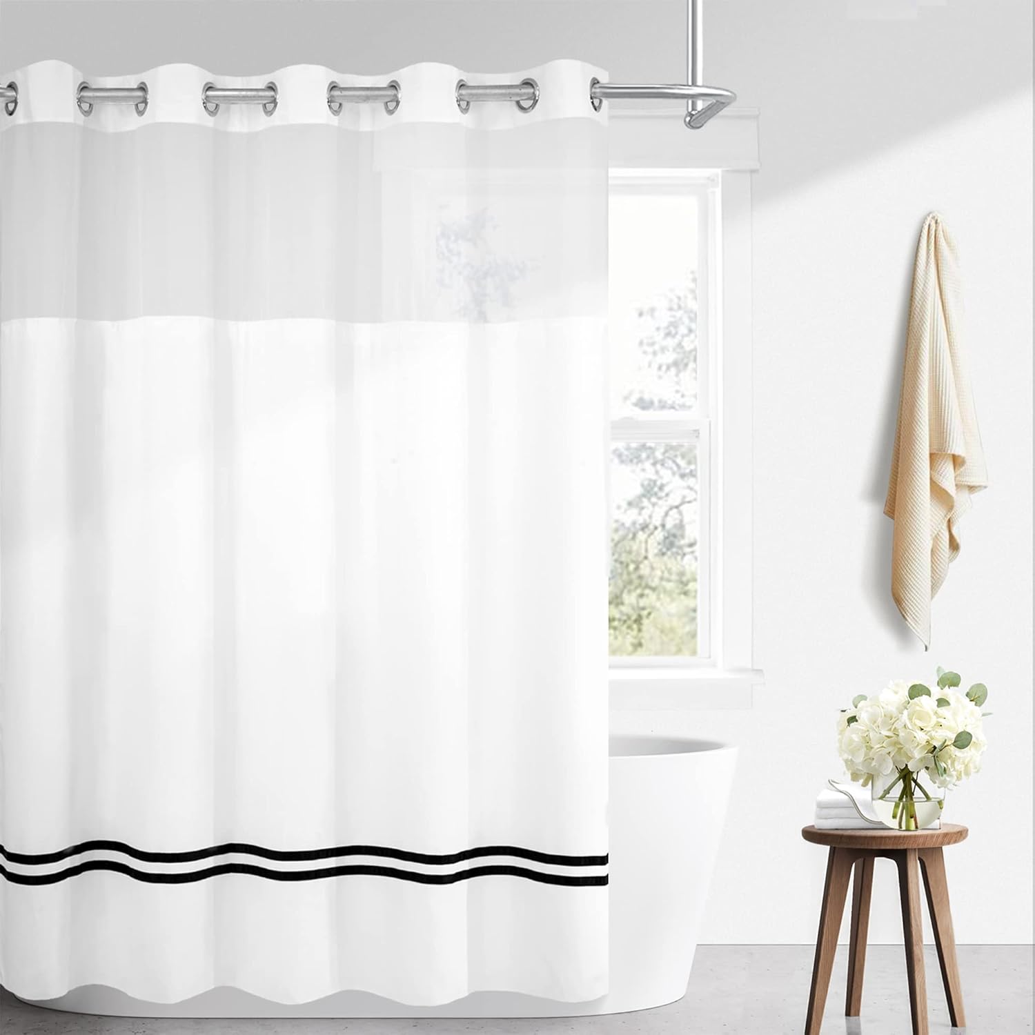 River Dream Sheer Shower Curtain: No Hooks Needed!