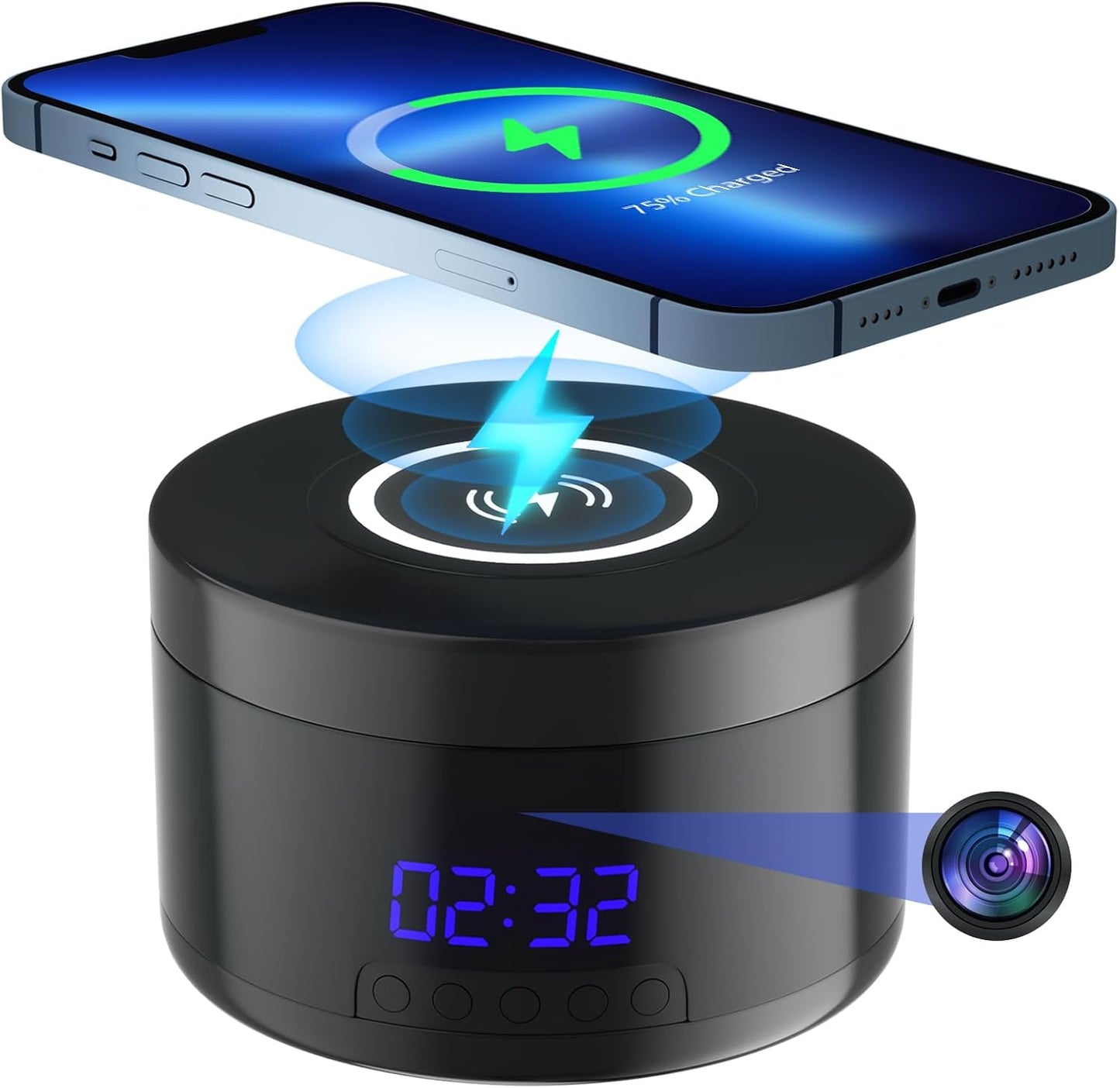 Indoor Camera with Clock and Wireless Charging for Home Use