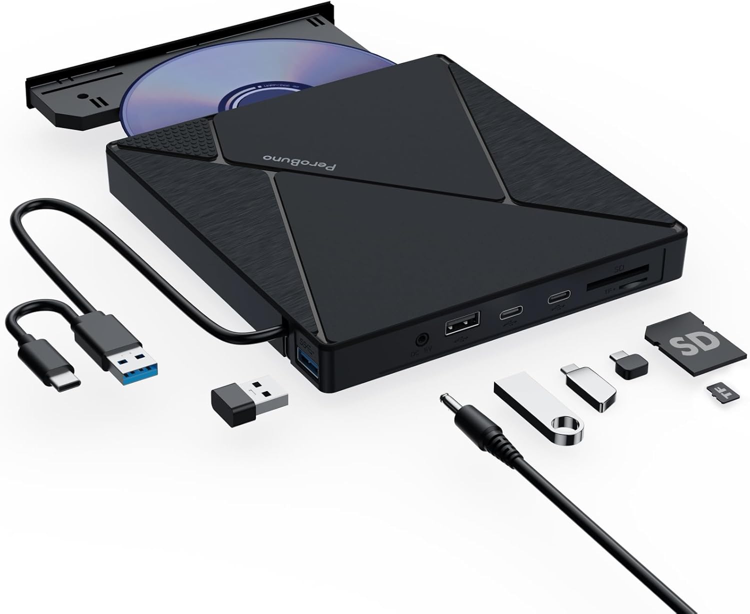 High-Speed External CD DVD Drive with Multi-Port Hub