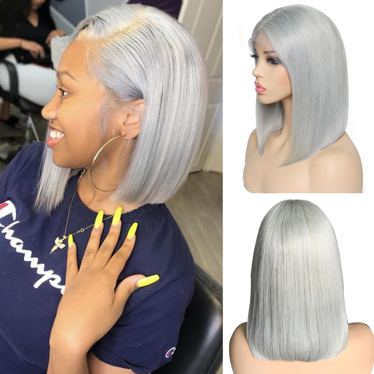 Smartinnov Grey HD Lace Bob Wig Straight Human Hair 8inch Style