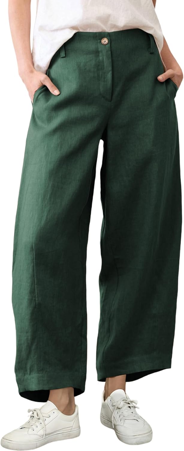 Tanming Womens Linen Pants Casual Capri Baggy Wide Leg Trousers