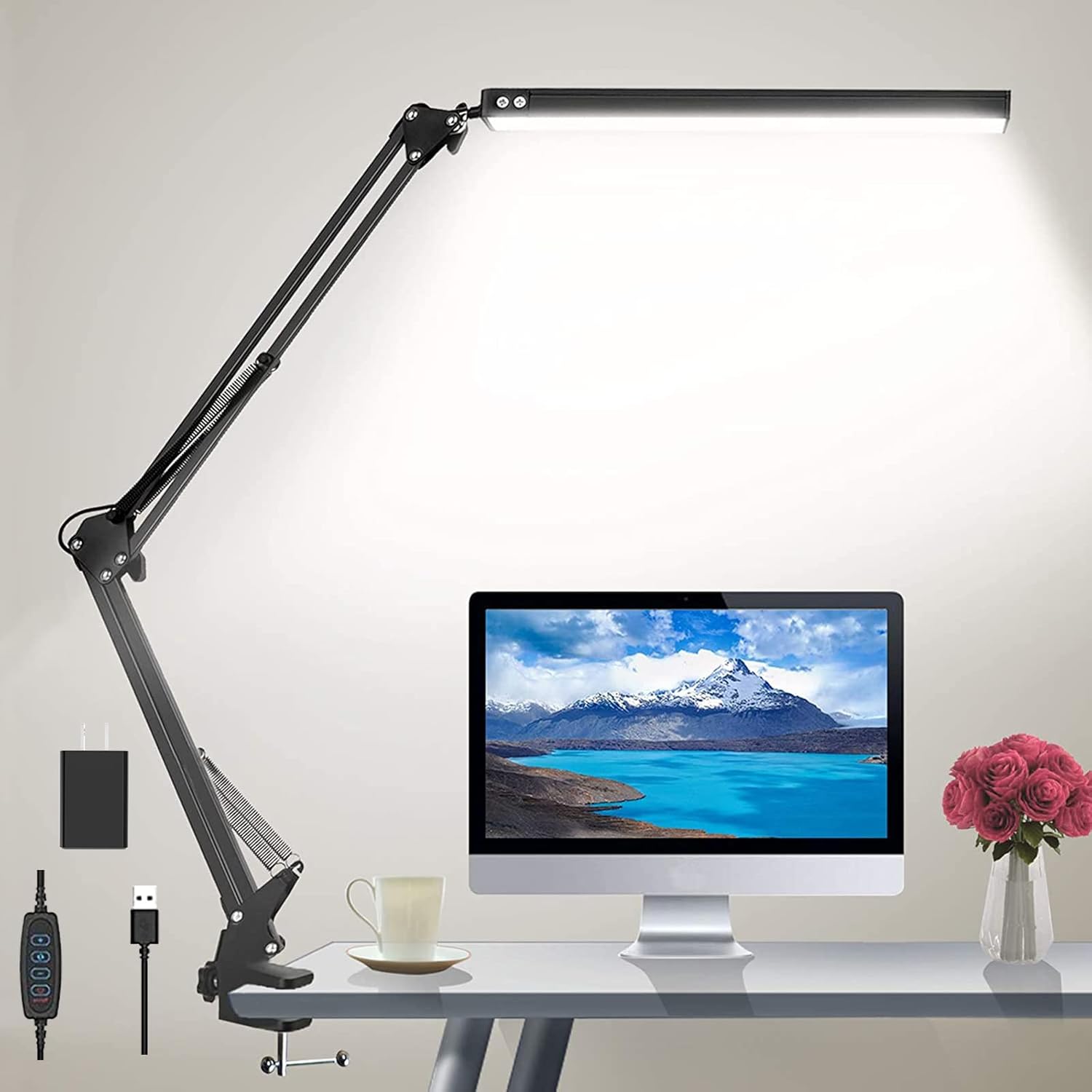 HaFundy LED Swing Arm Desk Lamp - Eye-Caring, Adjustable Brightness