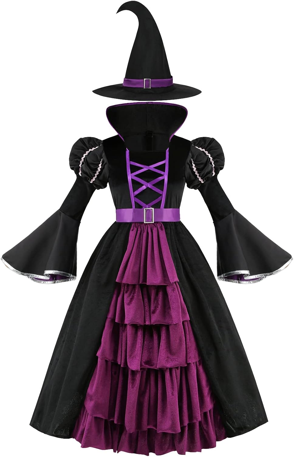 Purple Witch Costume for Girls with Bubble Sleeves and Hat