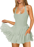 Women's Tennis Flowy Pleated Ruffle Halter Neck Mini Dress - Built-In