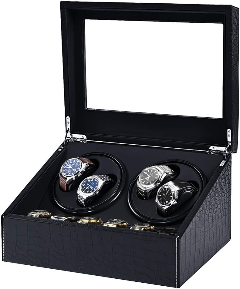 Automatic Watch Winder: 4 Watches, Black Leather, Quiet Motor