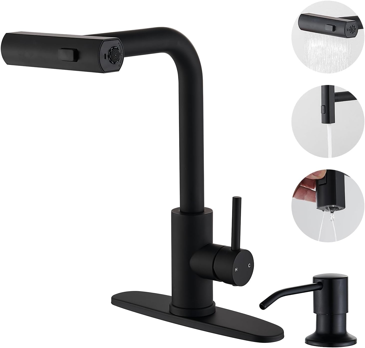Modern Pull Down Kitchen Faucet with Soap Dispenser and Sprayer