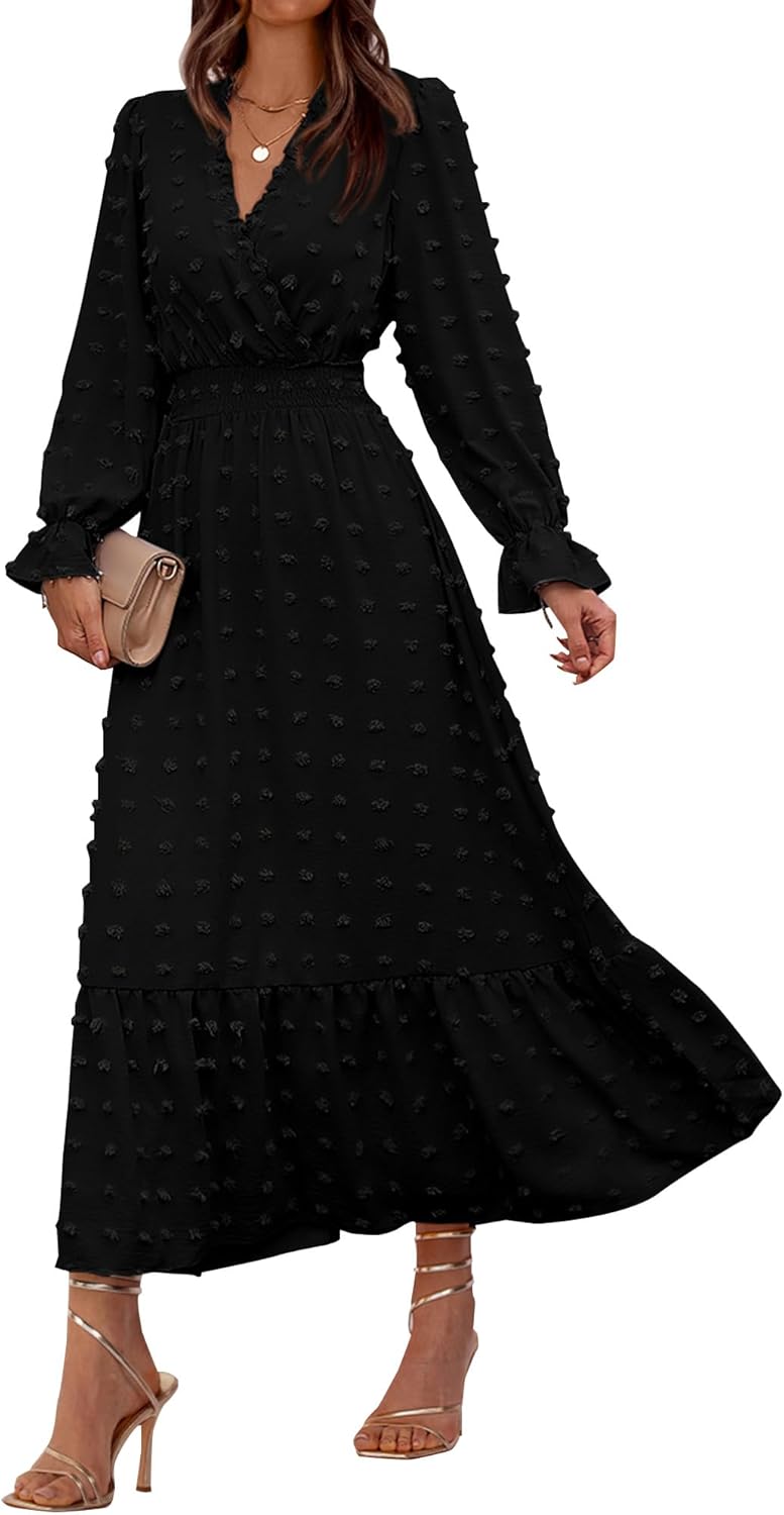 BTFBM Women Fall Maxi Dresses Long Sleeve V Neck Swiss Dots