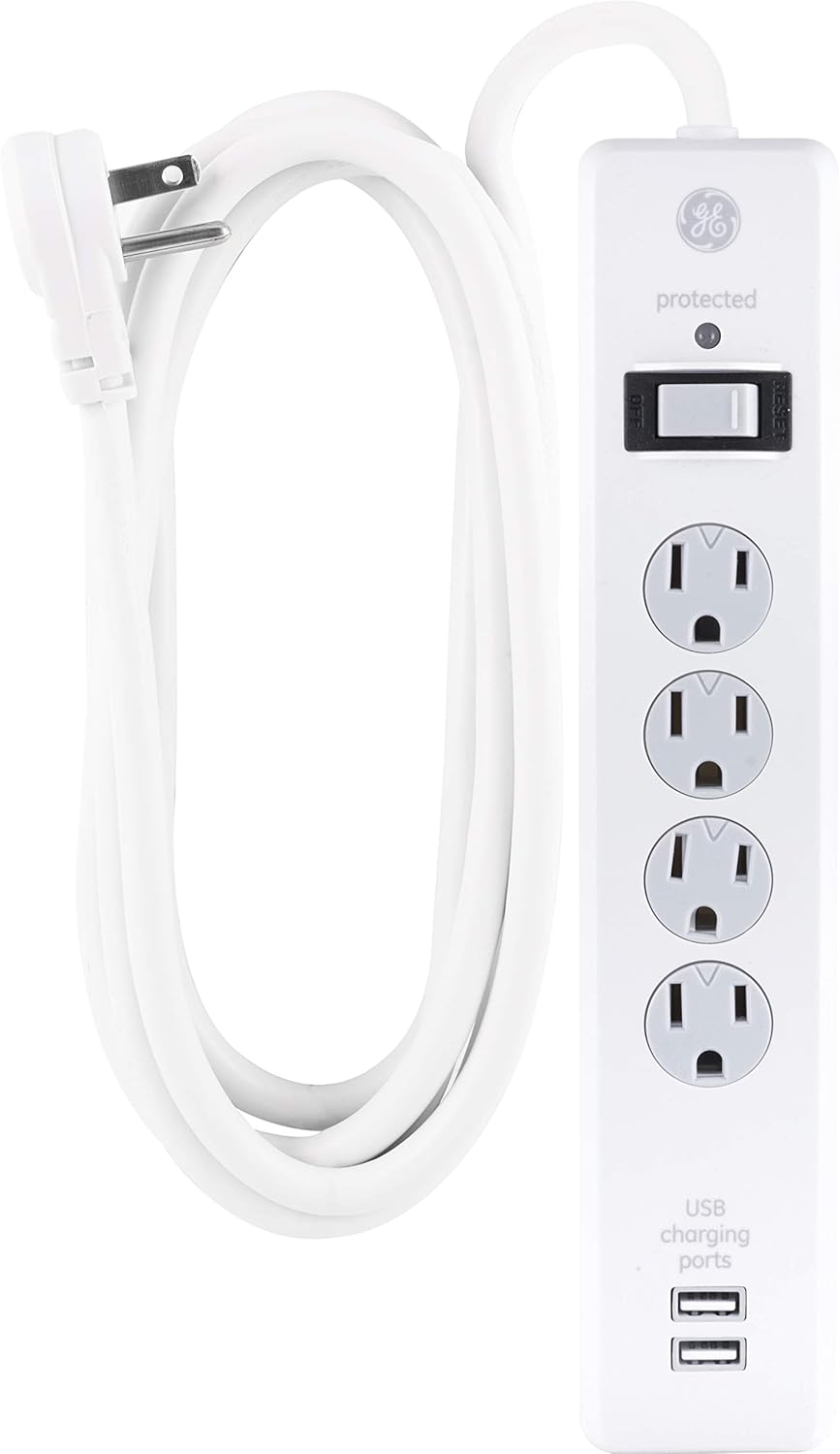 GE Surge Protector 4 Outlets 2 USB Ports - 8ft. Cord, White