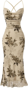 SOLY HUX Women's Floral Mesh Bodycon Cami Dress - Flattering Long Maxi