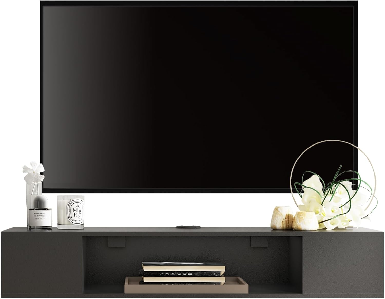 Floating Black TV Stand - Space-Saving Storage Solution!