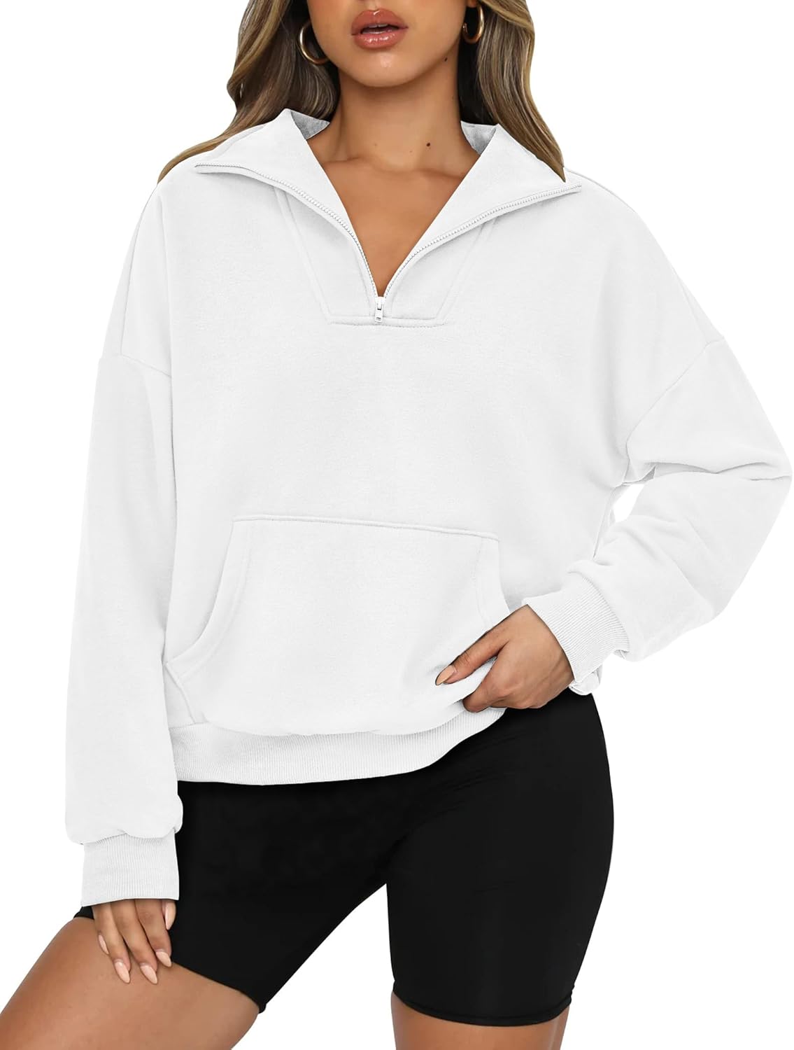 PRETTYGARDEN Womens Quarter Zip Long Sleeve Cropped Sweatshirt
