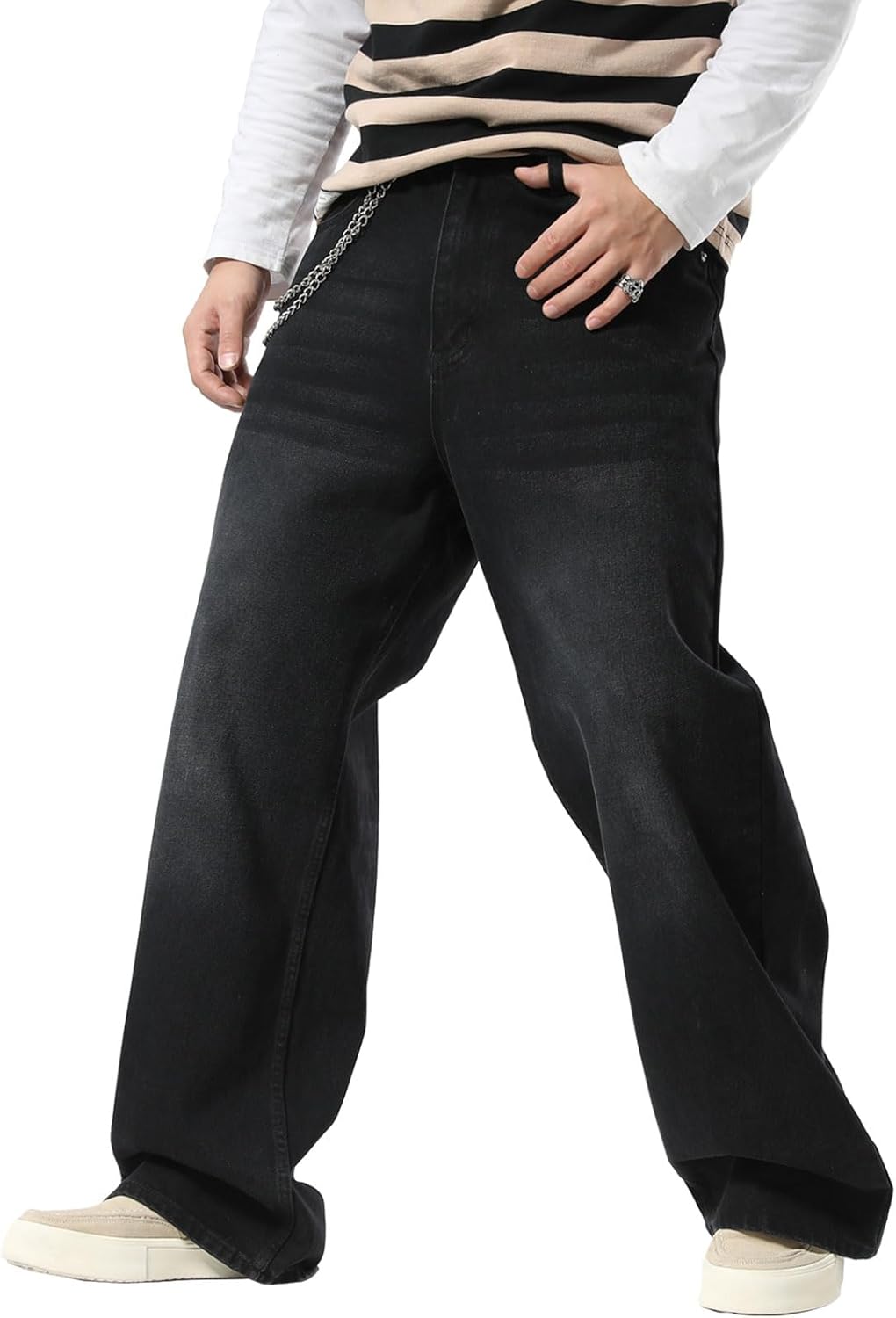 Plaid&Plain Men's Hip Hop Baggy Jeans for Casual Streetwear