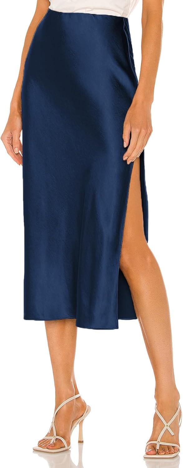 Womens Satin Silk High Waist Slit Midi Skirt for Every Occasion