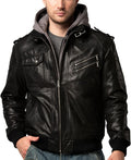 FLAVOR Men Brown Leather Motorcycle Jacket with Removable Hood - Wind