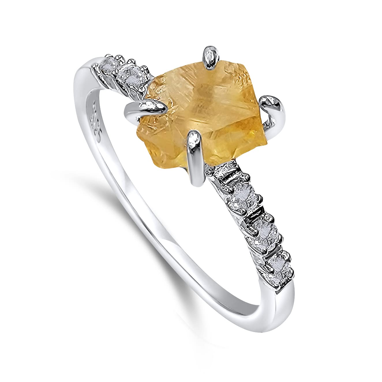 Real Raw Citrine Crystal Dainty Ring in White Gold for Gifts