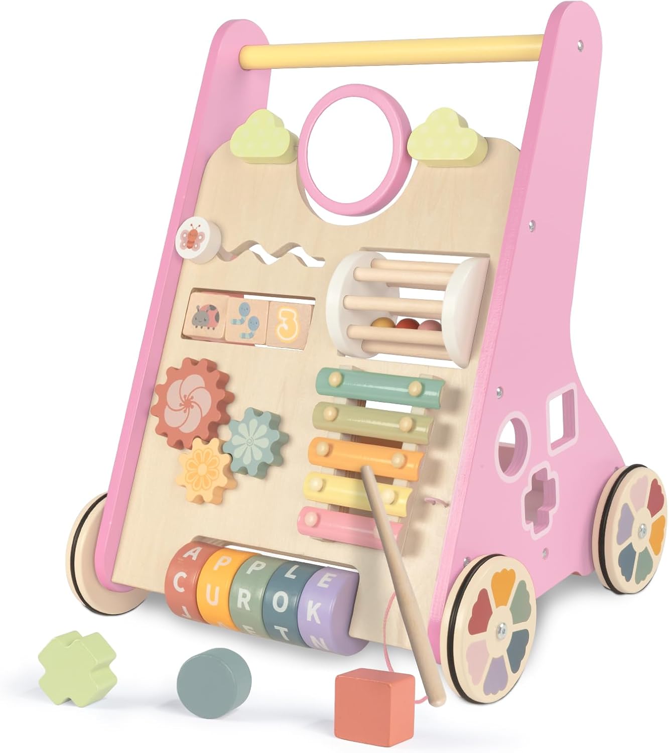 LOL-FUN Wooden Baby Walker for Girls with Wheels, Pink Toy