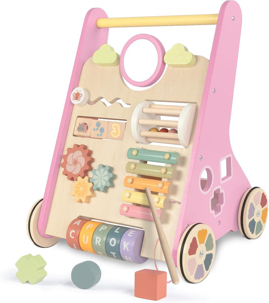 LOL-FUN Wooden Baby Walker for Girls with Wheels, Pink Toy