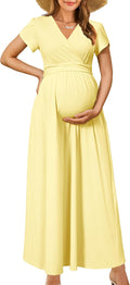 OUGES Maternity Maxi Dress Wrap V Neck - Flattering Stretch Maxi