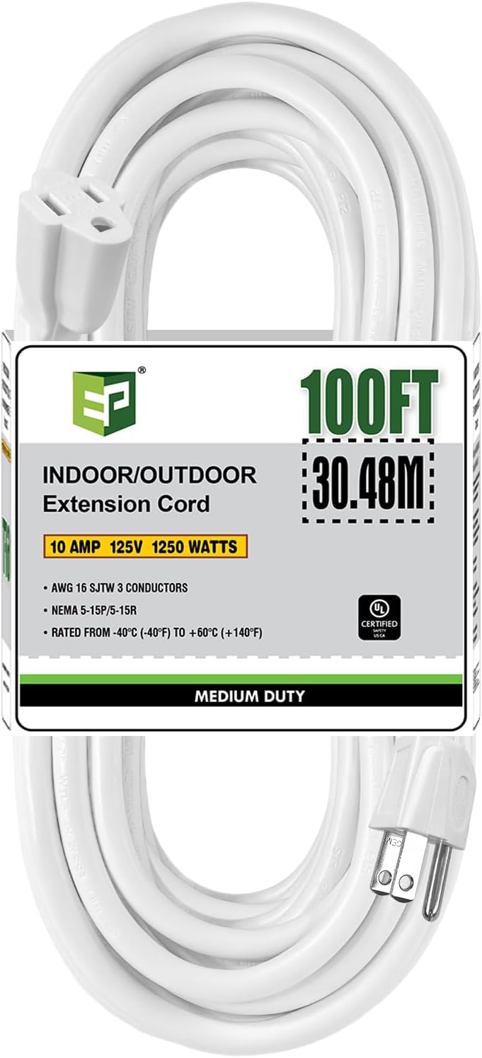 100 Ft Outdoor Extension Cord - Heavy Duty Electrical Cable 16/3