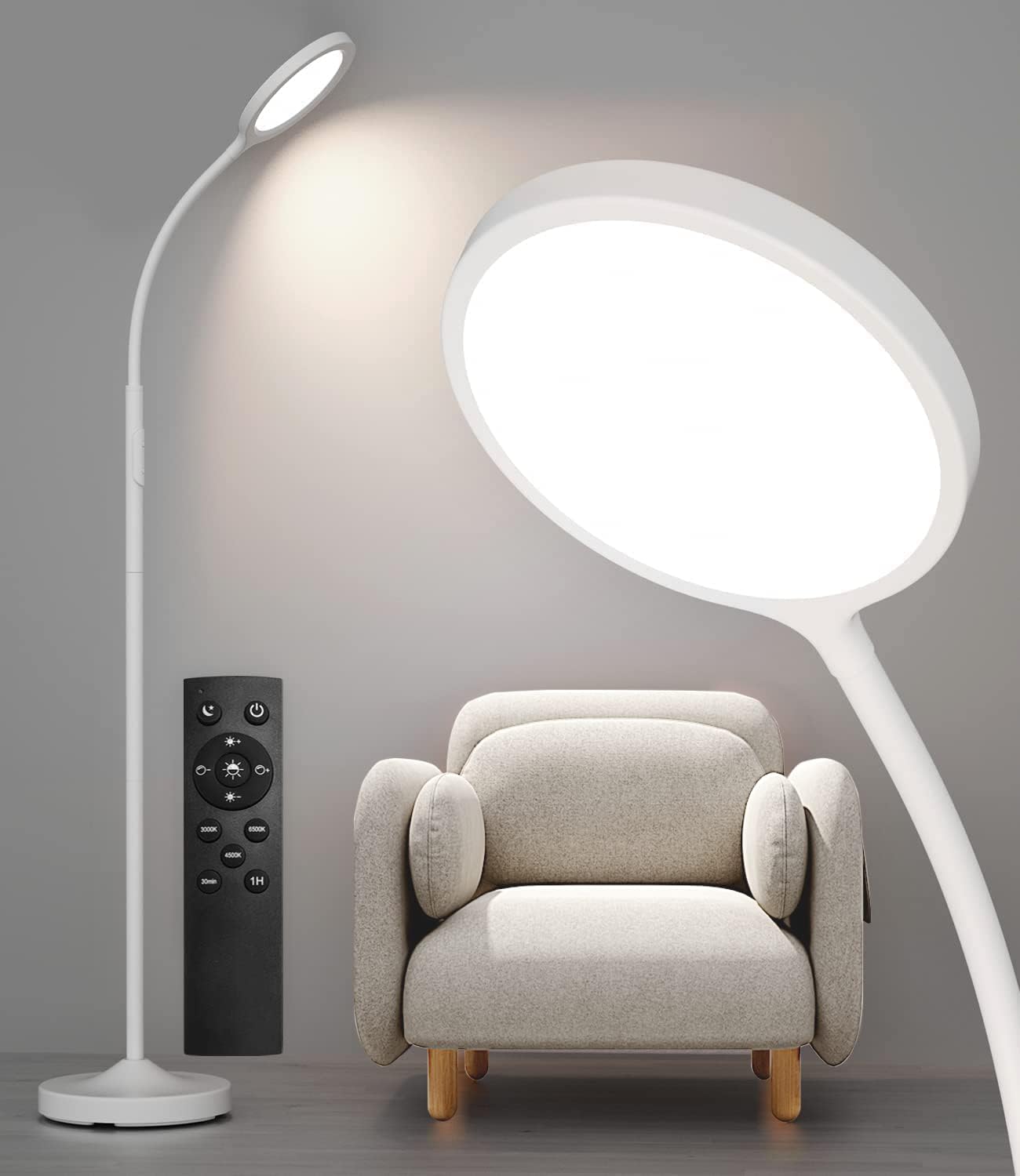 Luckystyle White Floor Lamp: Super Bright Dimmable LED Lighting