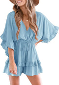Womens V Neck Beach Romper with Ruffle Sleeves - Lightweight