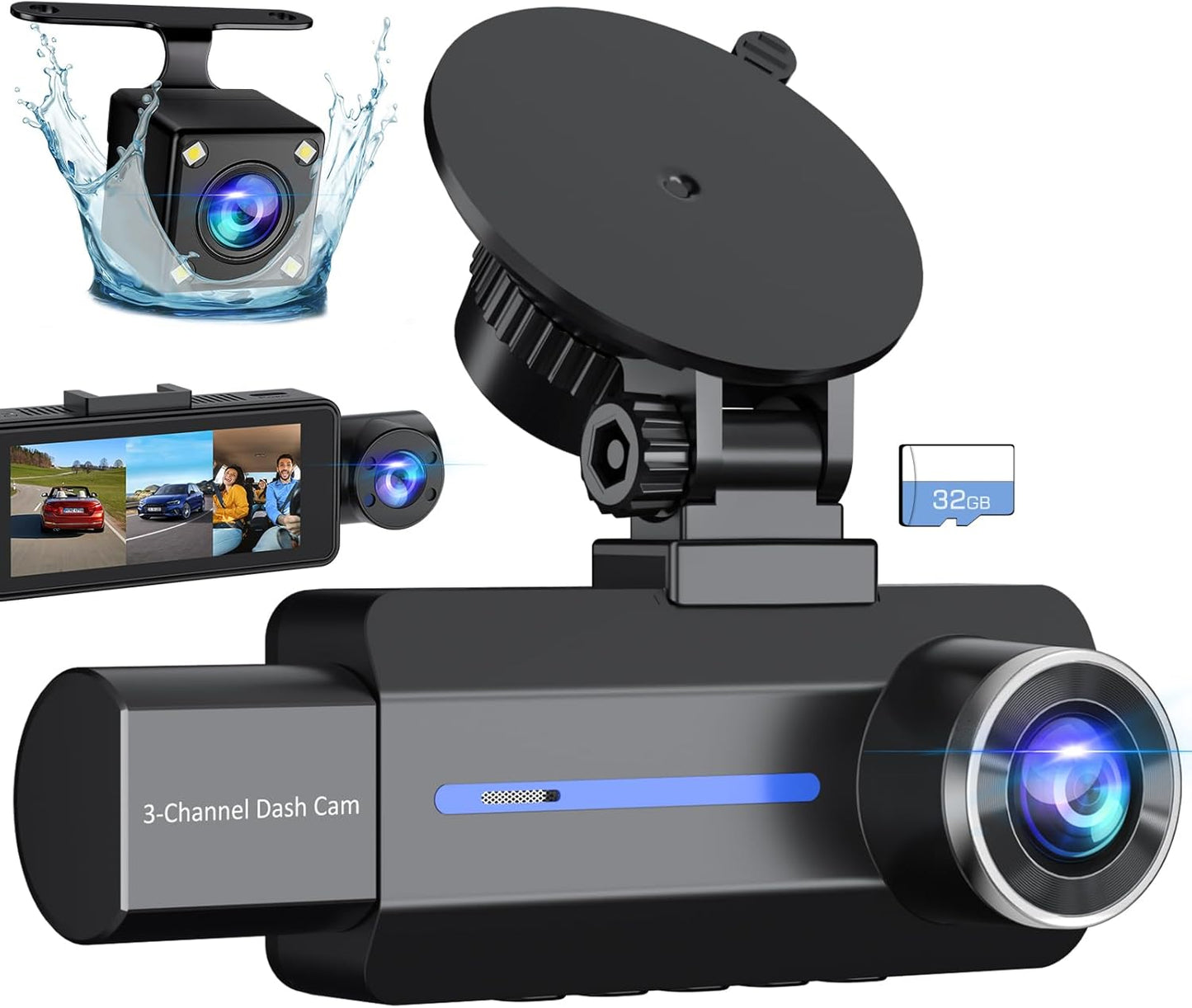 Triple Car Camera Kit: 2.5K+1440P Front & Rear, G-Sensor, Night Vision