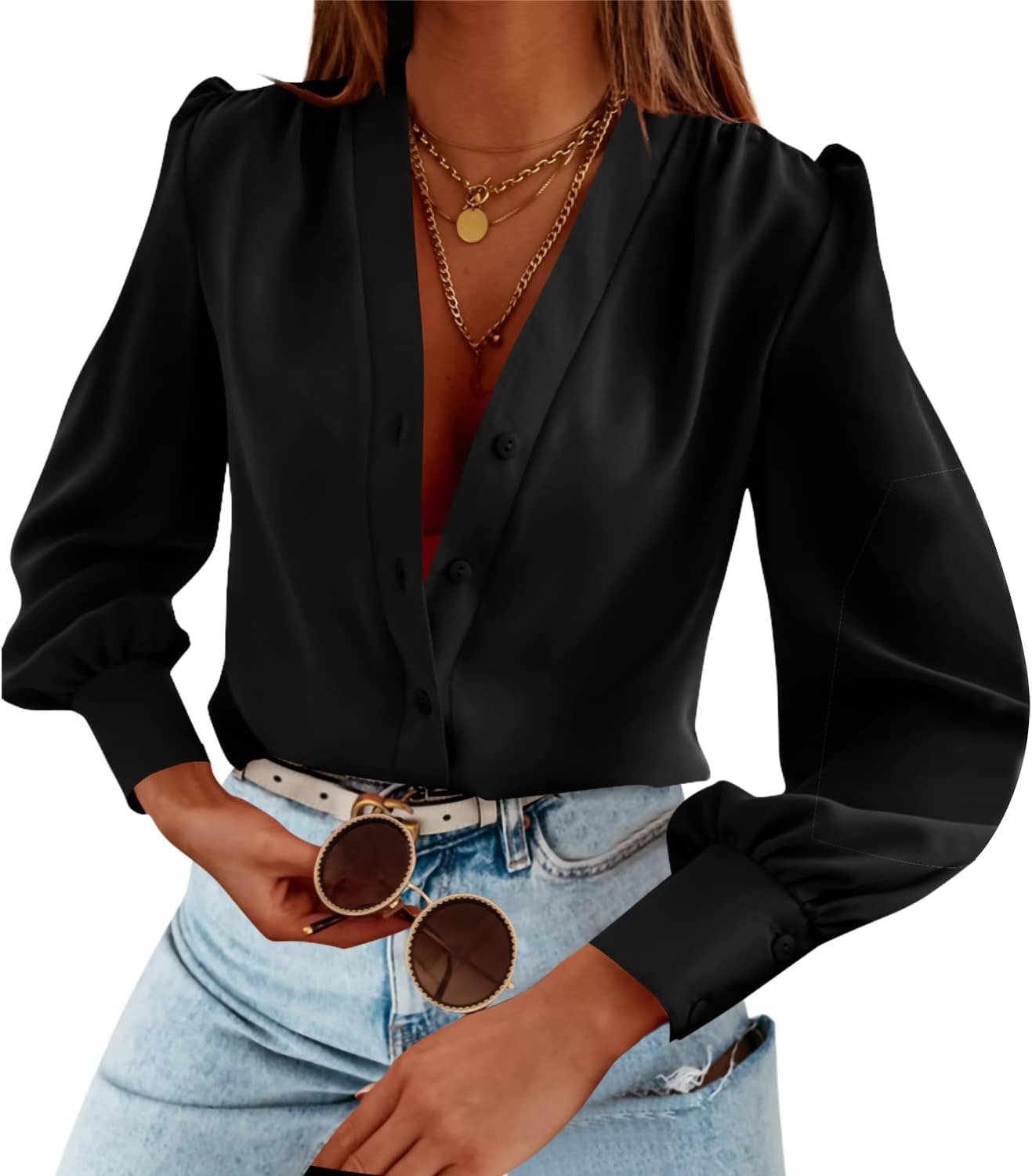 Women's Business Casual Tops Long Sleeve V Neck Chiffon Blouses