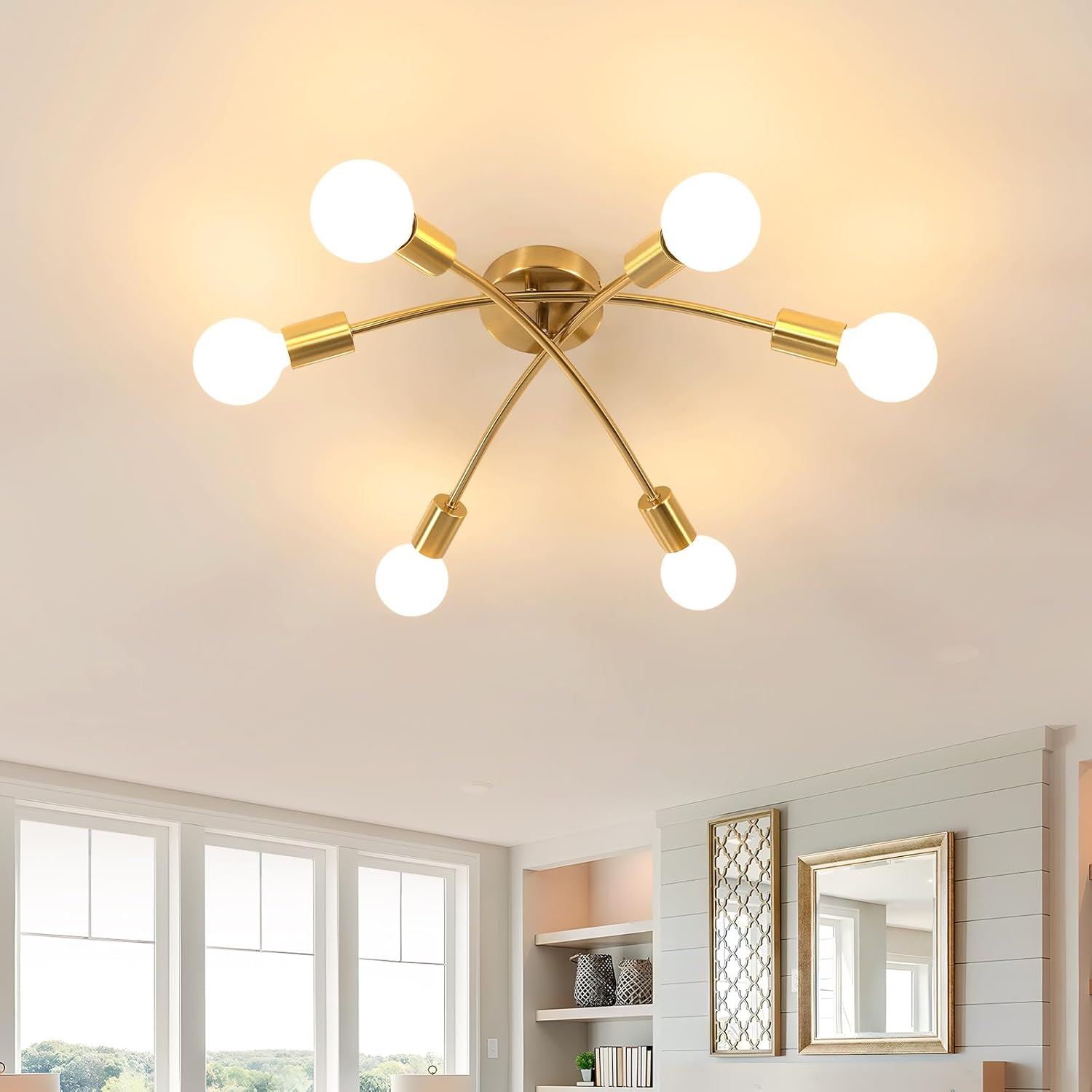 Gold Sputnik Ceiling Light Fixture with 350 Rotatable Arms