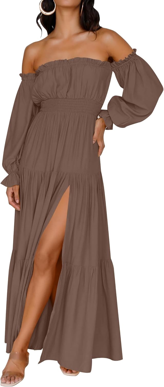 ZESICA Women's Boho Off Shoulder Long Sleeve Maxi Dress
