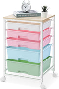 Utility Cart with 5 Drawers Storage Cart with Wooden Top - Rolling