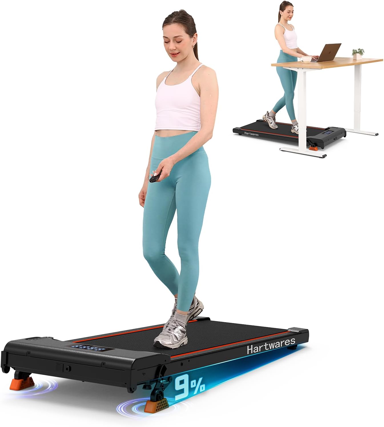 Portable Under Desk Treadmill - Remote Control, 2.5HP Motor, Home Office - Hartwares