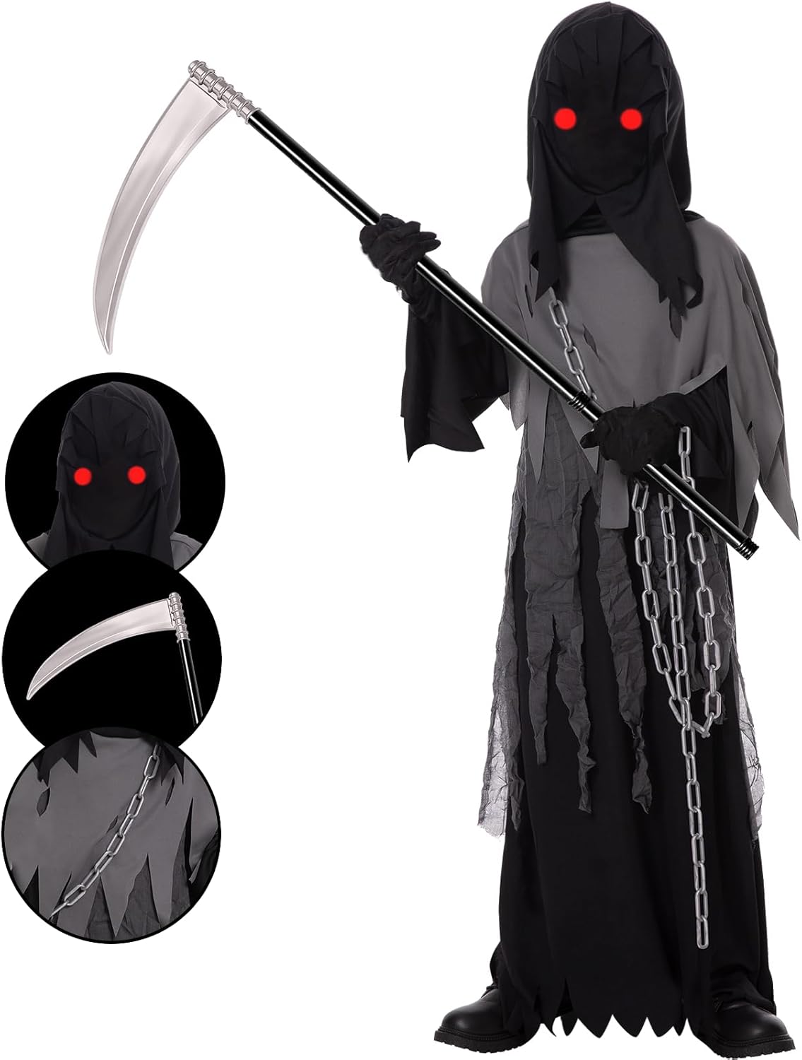 Grim Reaper Halloween Costume for Kids with Glowing Red Eyes