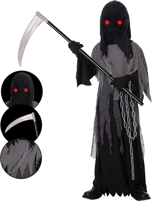 Grim Reaper Halloween Costume for Kids with Glowing Red Eyes