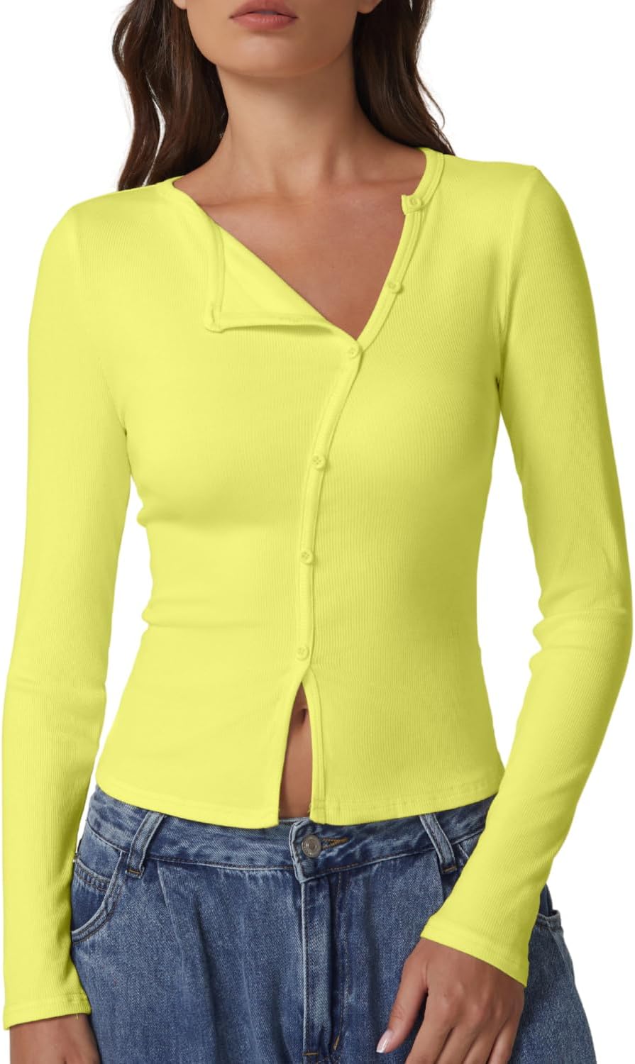 QINSEN Women's Long Sleeve Ribbed Crewneck Button Top for Outings