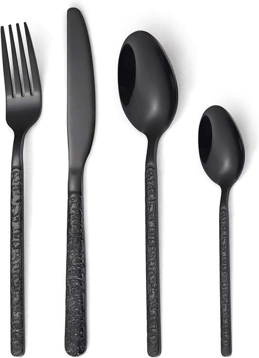 24 Pcs Black Hammered Silverware Set for Elegant Dining