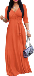 Women's Solid Color Maxi Dress V-Neck 3/4 Sleeve - Comfortable Fit
